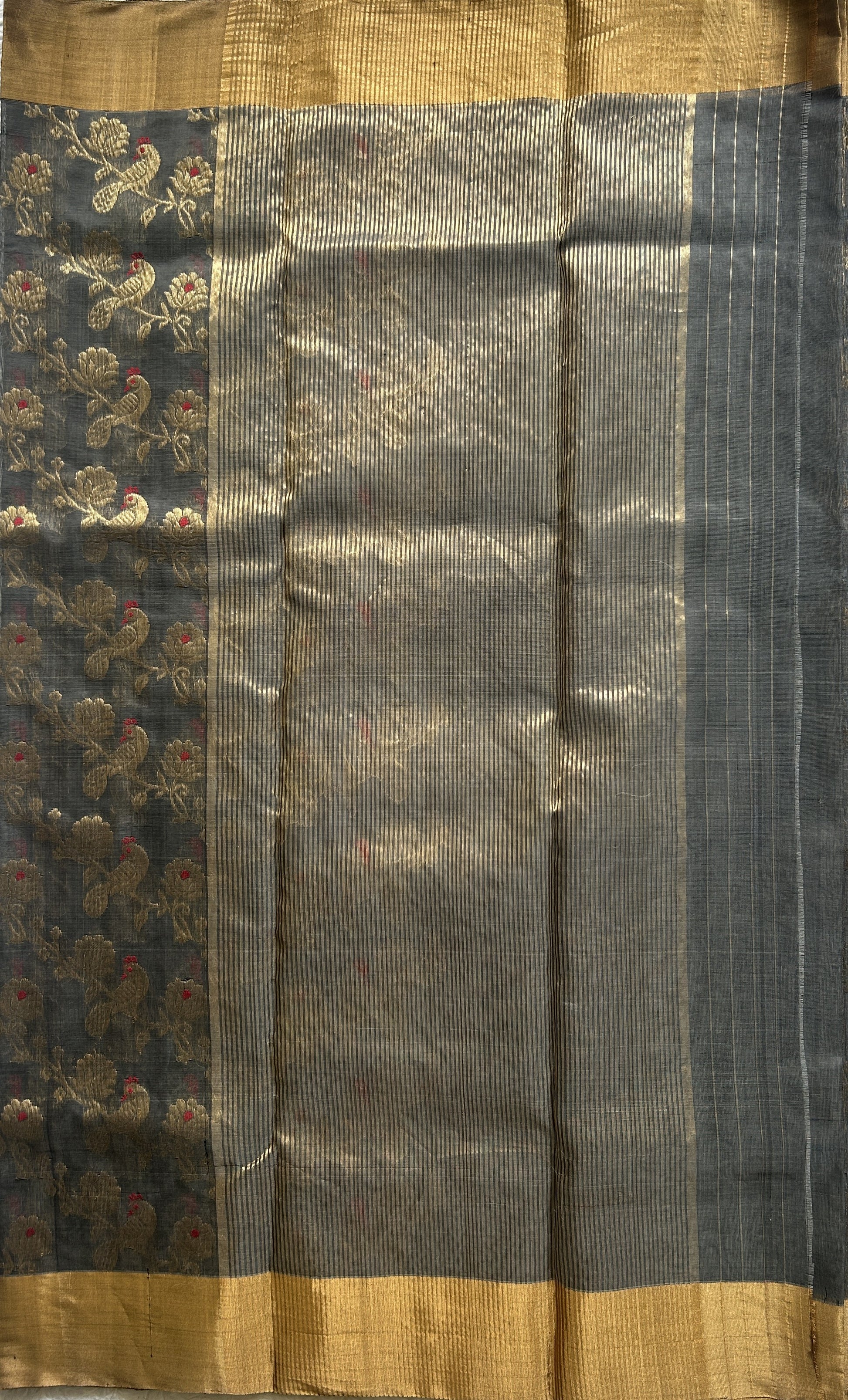 Chanderi Silk Saree Grey Colored Elegantly Paired with a Gold Zari border - Sampradaya Designer Studio