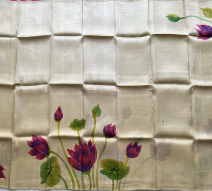 Cream Tussar Silk Saree featuring Hand-Painted Artisan Work  | Pure Handloom | Silk Mark Certified