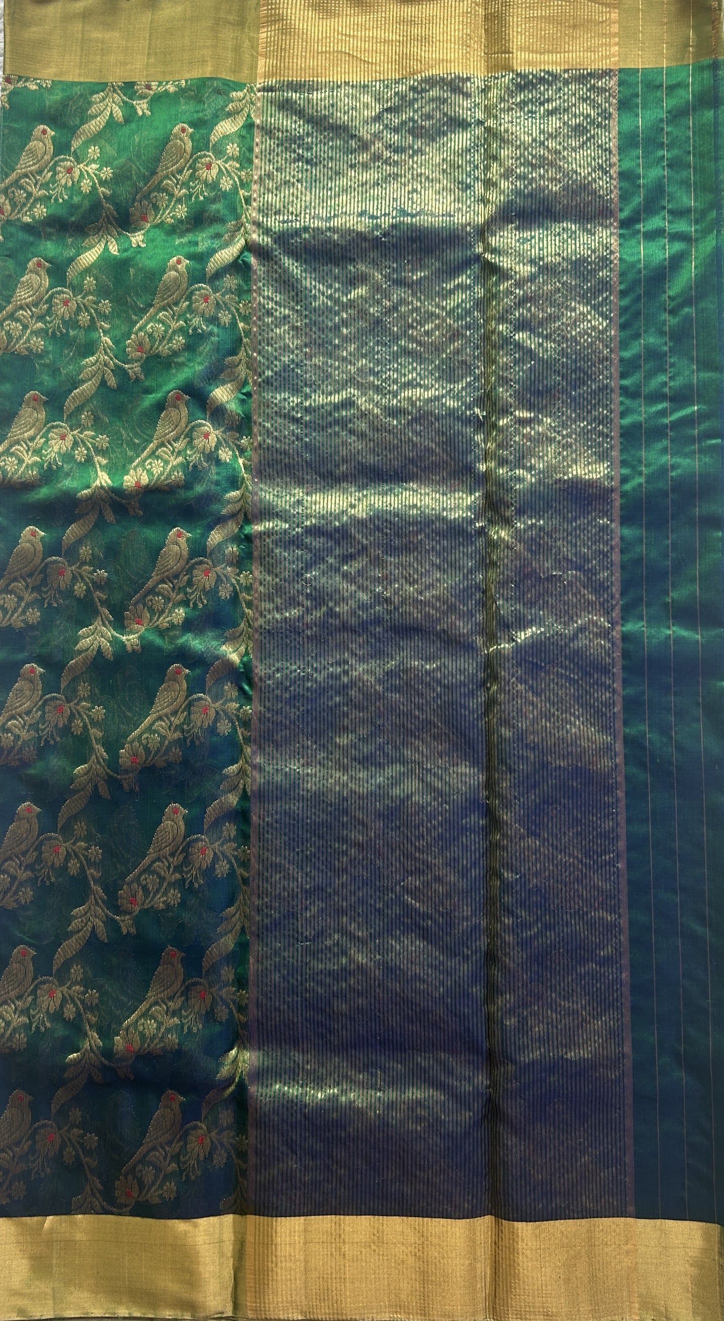 Chanderi Silk Saree Dark Bottle Green color Elegantly Paired with a Gold Zari border - Sampradaya Designer Studio