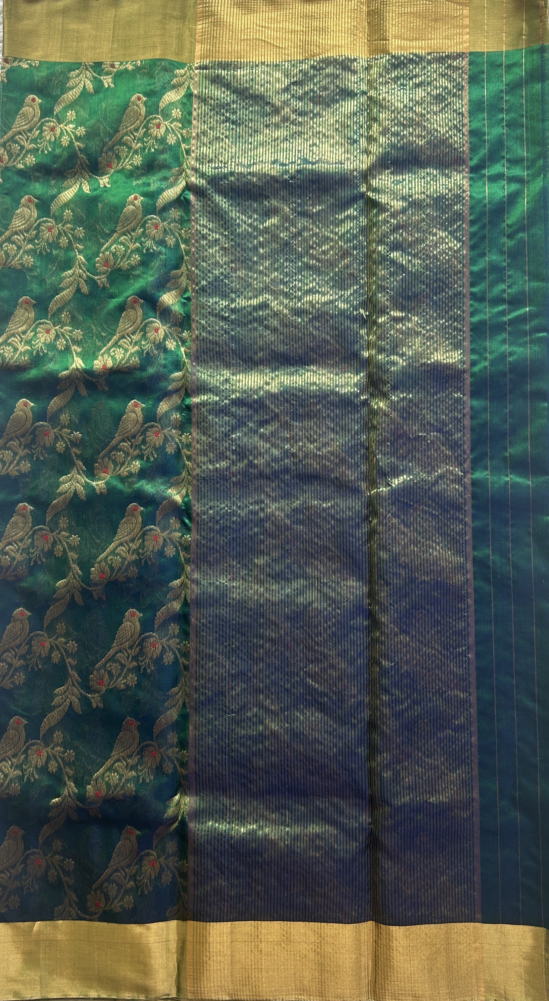 Chanderi Silk Saree Dark Bottle Green color Elegantly Paired with a Gold Zari border - Sampradaya Designer Studio