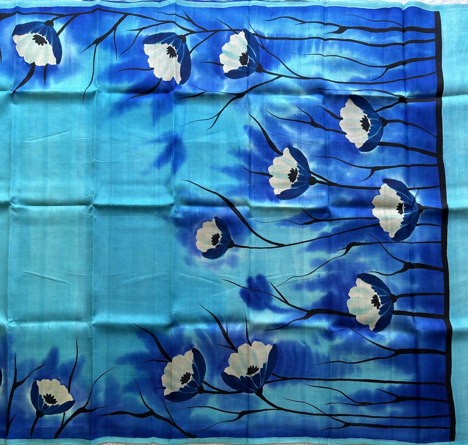 Blue Tussar Silk Saree featuring Hand-Painted Artisan Work  | Pure Handloom | Silk Mark Certified - Sampradaya Designer Studio