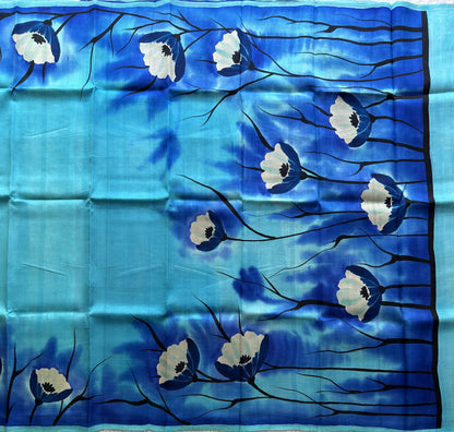 Blue Tussar Silk Saree featuring Hand-Painted Artisan Work  | Pure Handloom | Silk Mark Certified