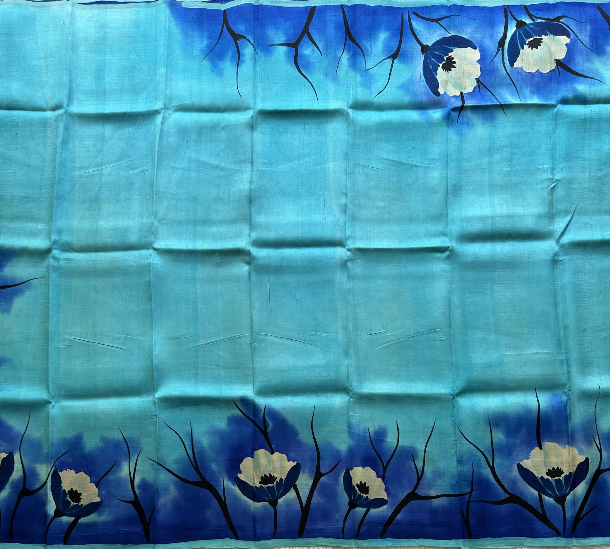 Blue Tussar Silk Saree featuring Hand-Painted Artisan Work  | Pure Handloom | Silk Mark Certified - Sampradaya Designer Studio