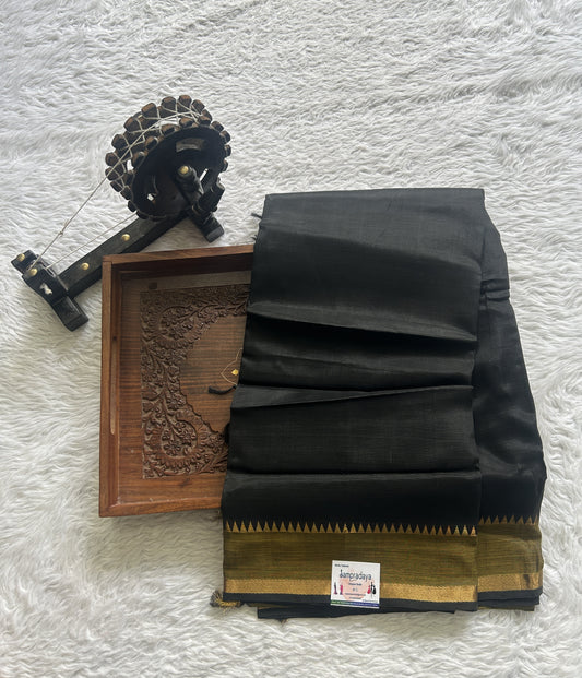 Mangalagiri Plain Pattu Saree Black colored complemented with a Zari Border - Sampradaya Designer Studio