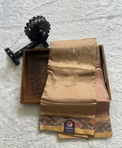 Mangalagiri Plain Pattu Saree Beige colored complemented with a Ikkat Border. - Sampradaya Designer Studio