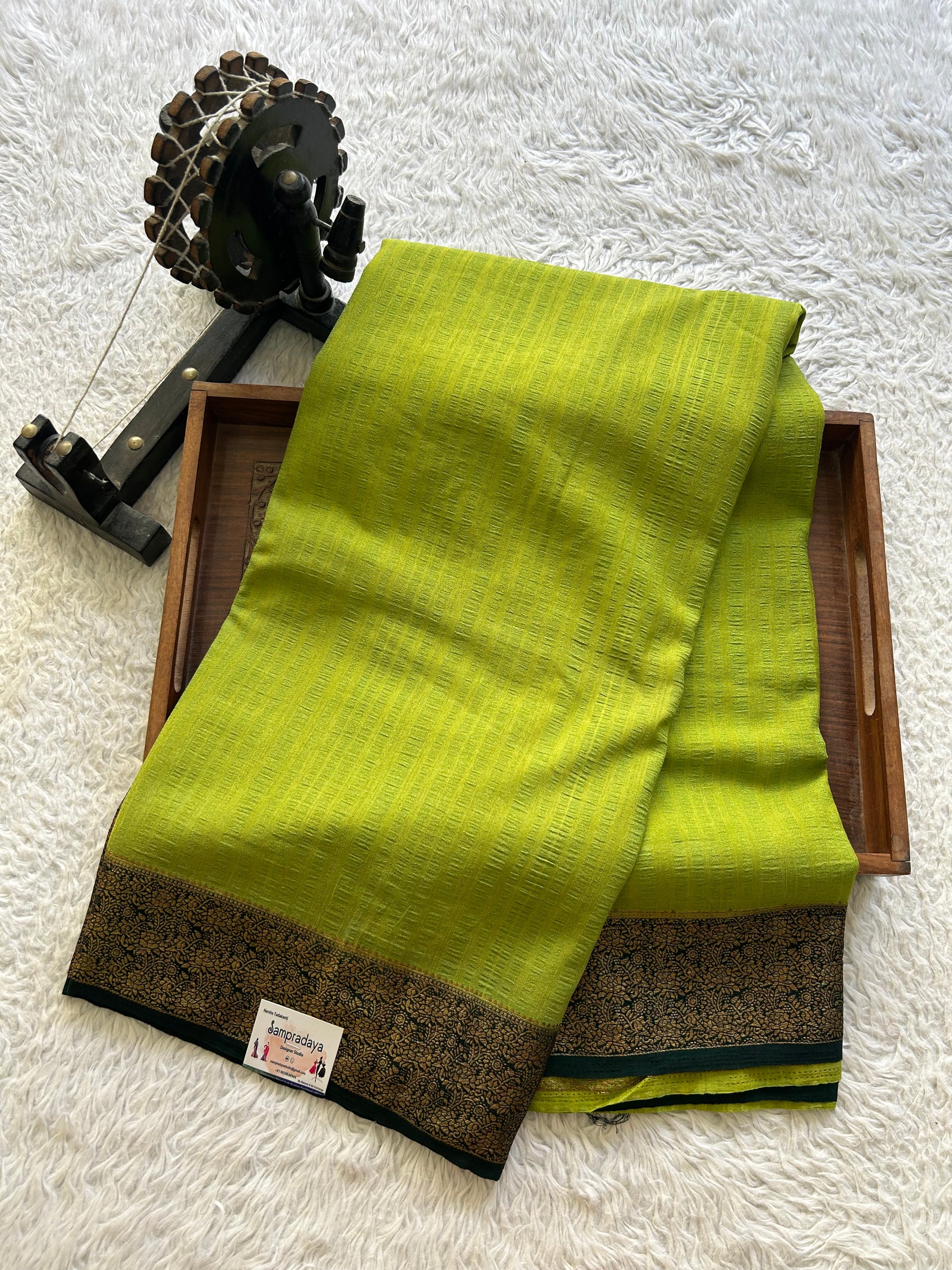 Green Banarasi Semi Tussar Georgette Saree with Sliver Zari Border — Lightweight Festive Wear - Sampradaya Designer Studio
