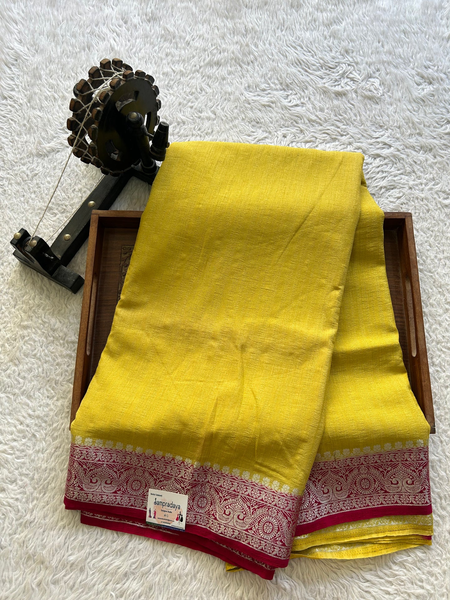 Lemon Yellow Banarasi Semi Tussar Georgette Saree with Sliver Zari Border — Lightweight Festive Wear