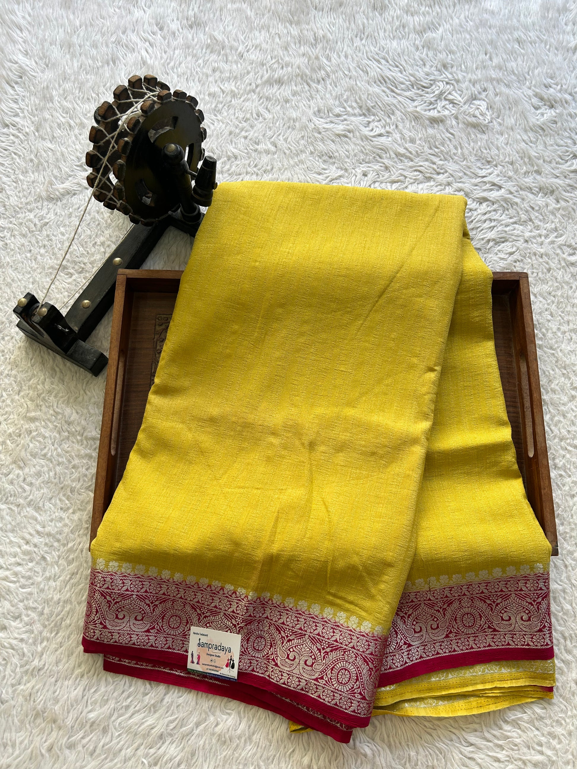 Lemon Yellow Banarasi Semi Tussar Georgette Saree with Sliver Zari Border — Lightweight Festive Wear - Sampradaya Designer Studio