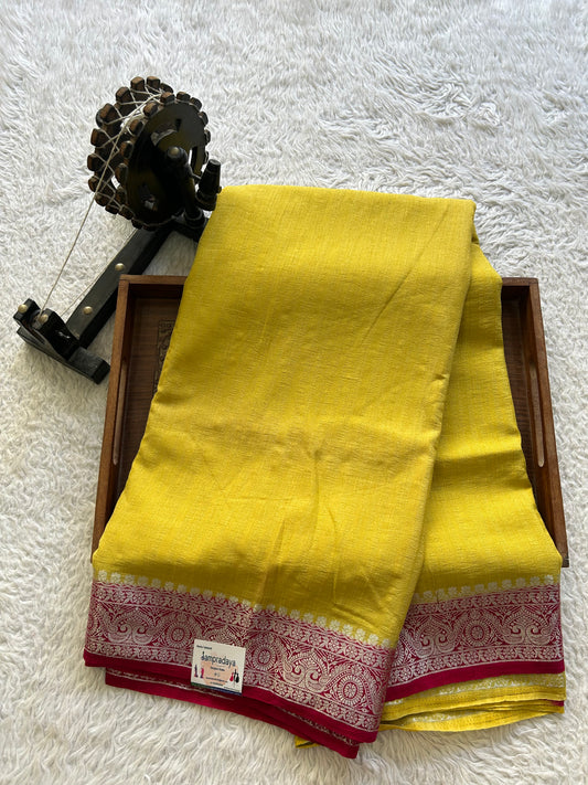 Lemon Yellow Banarasi Semi Tussar Georgette Saree with Sliver Zari Border — Lightweight Festive Wear