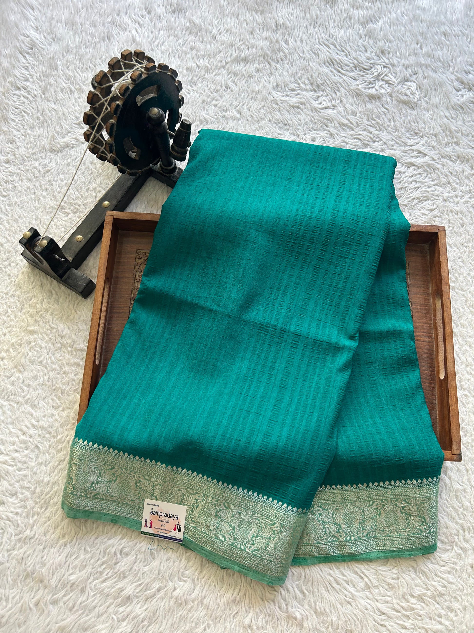 Peacock Green Banarasi Semi Tussar Georgette Saree with Sliver Zari Border — Lightweight Festive Wear - Sampradaya Designer Studio