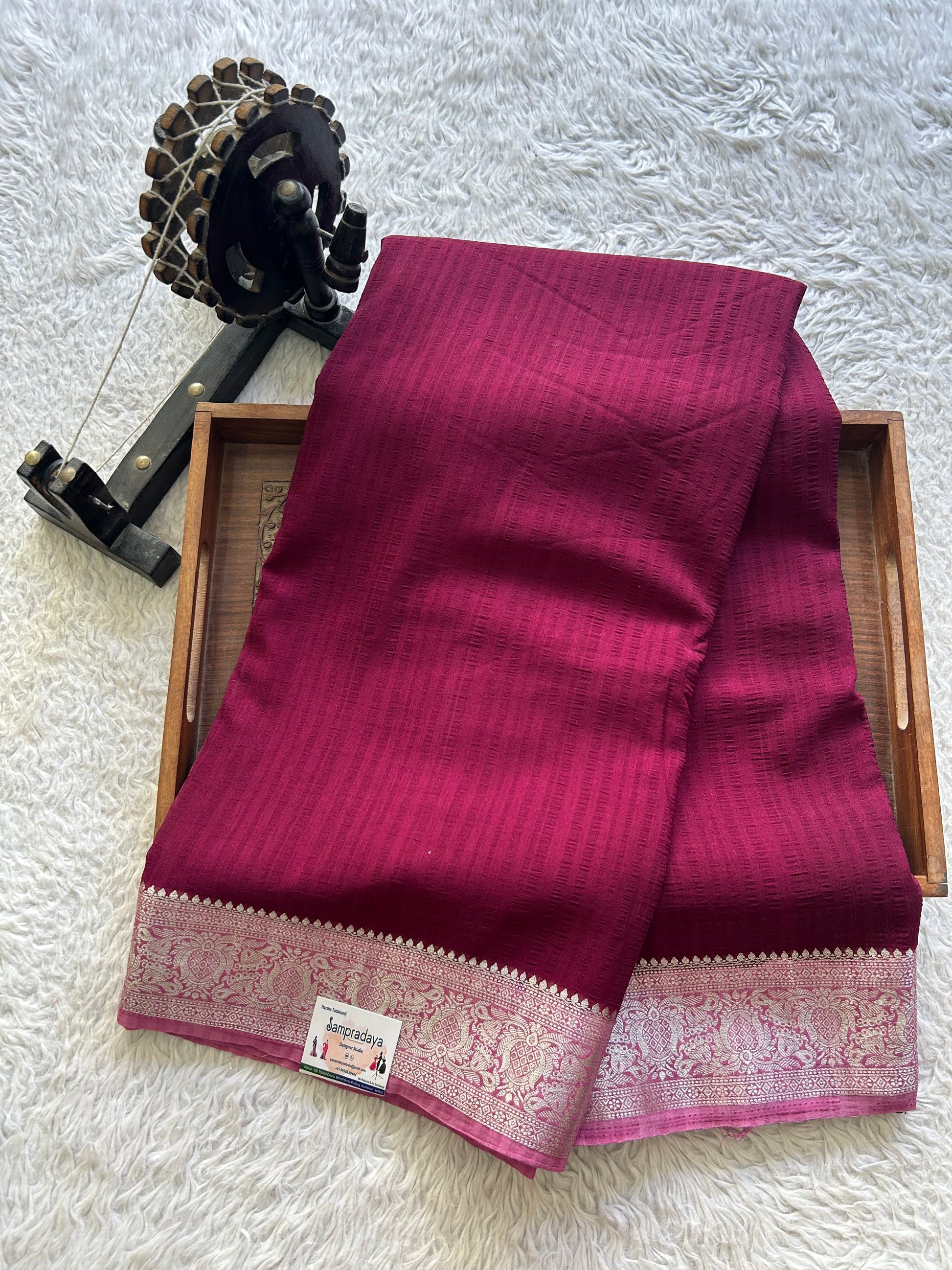 Wine Banarasi Semi Tussar Georgette Saree with Sliver Zari Border — Lightweight Festive Wear - Sampradaya Designer Studio