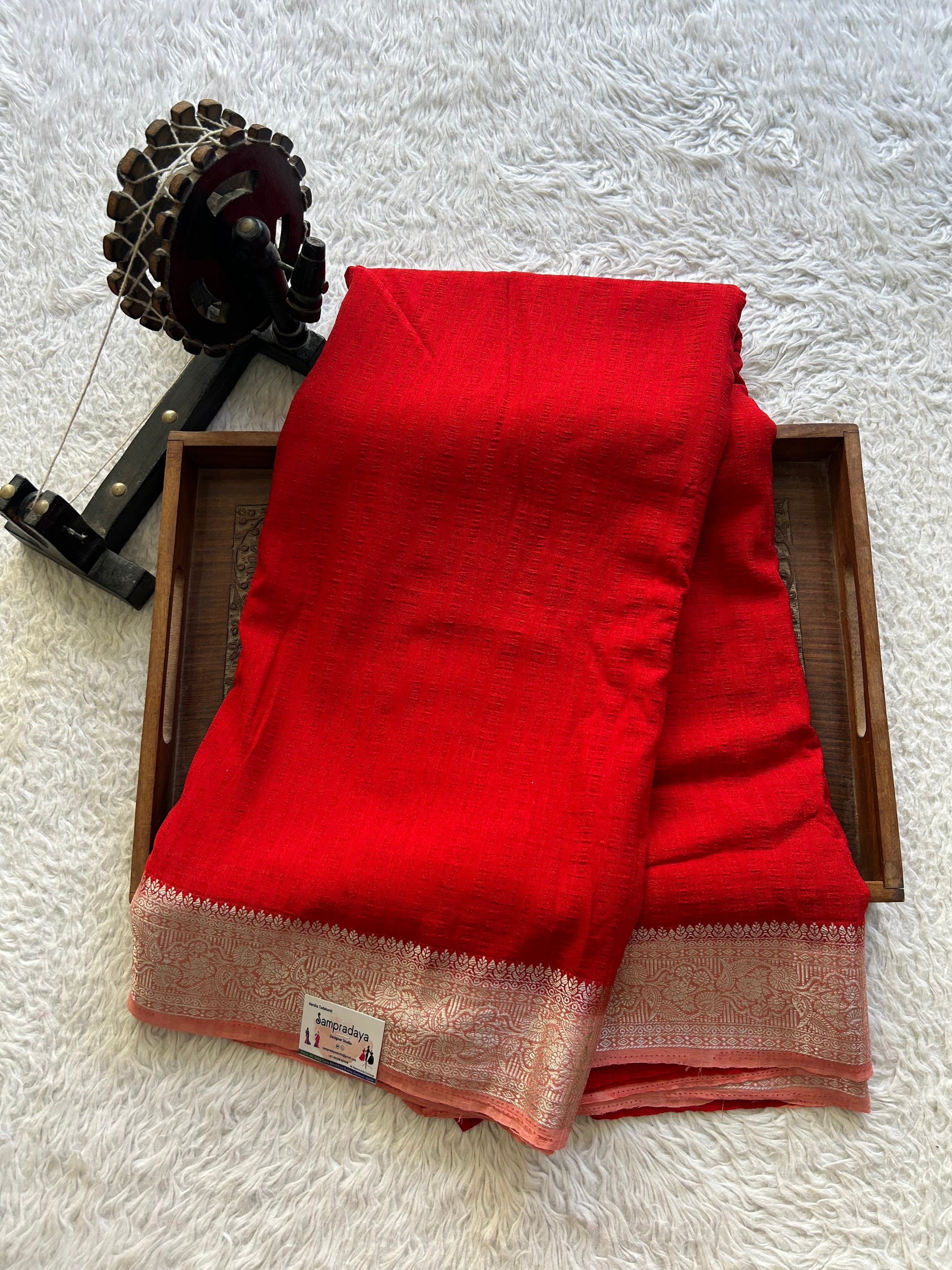Red Banarasi Semi Tussar Georgette Saree with Sliver Zari Border — Lightweight Festive Wear - Sampradaya Designer Studio