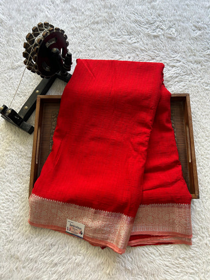 Red Banarasi Semi Tussar Georgette Saree with Sliver Zari Border — Lightweight Festive Wear