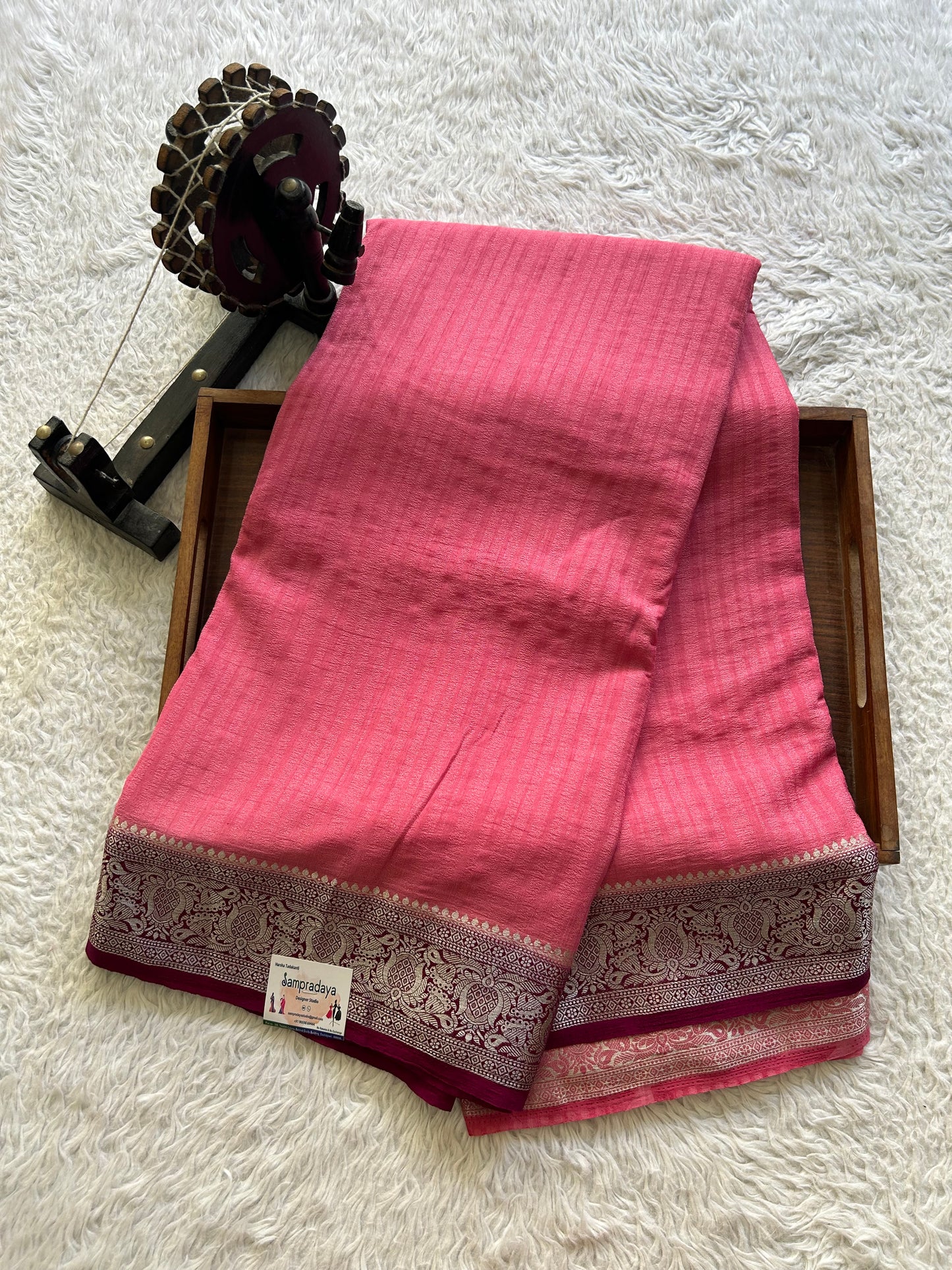 Pink Banarasi Semi Tussar Georgette Saree with Sliver Zari Border — Lightweight Festive Wear - Sampradaya Designer Studio
