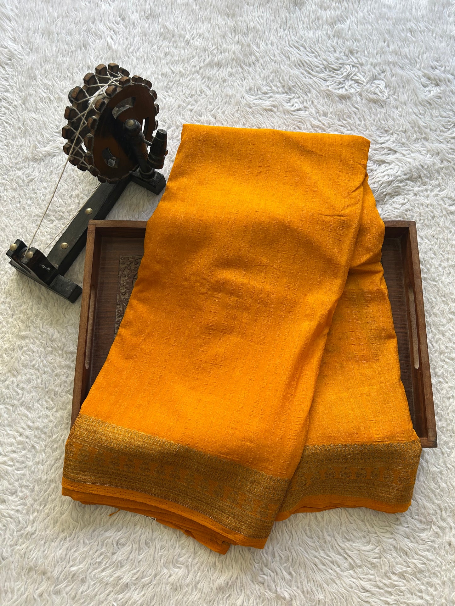 Yellow Banarasi Semi Tussar Georgette Saree with Sliver Zari Border — Lightweight Festive Wear