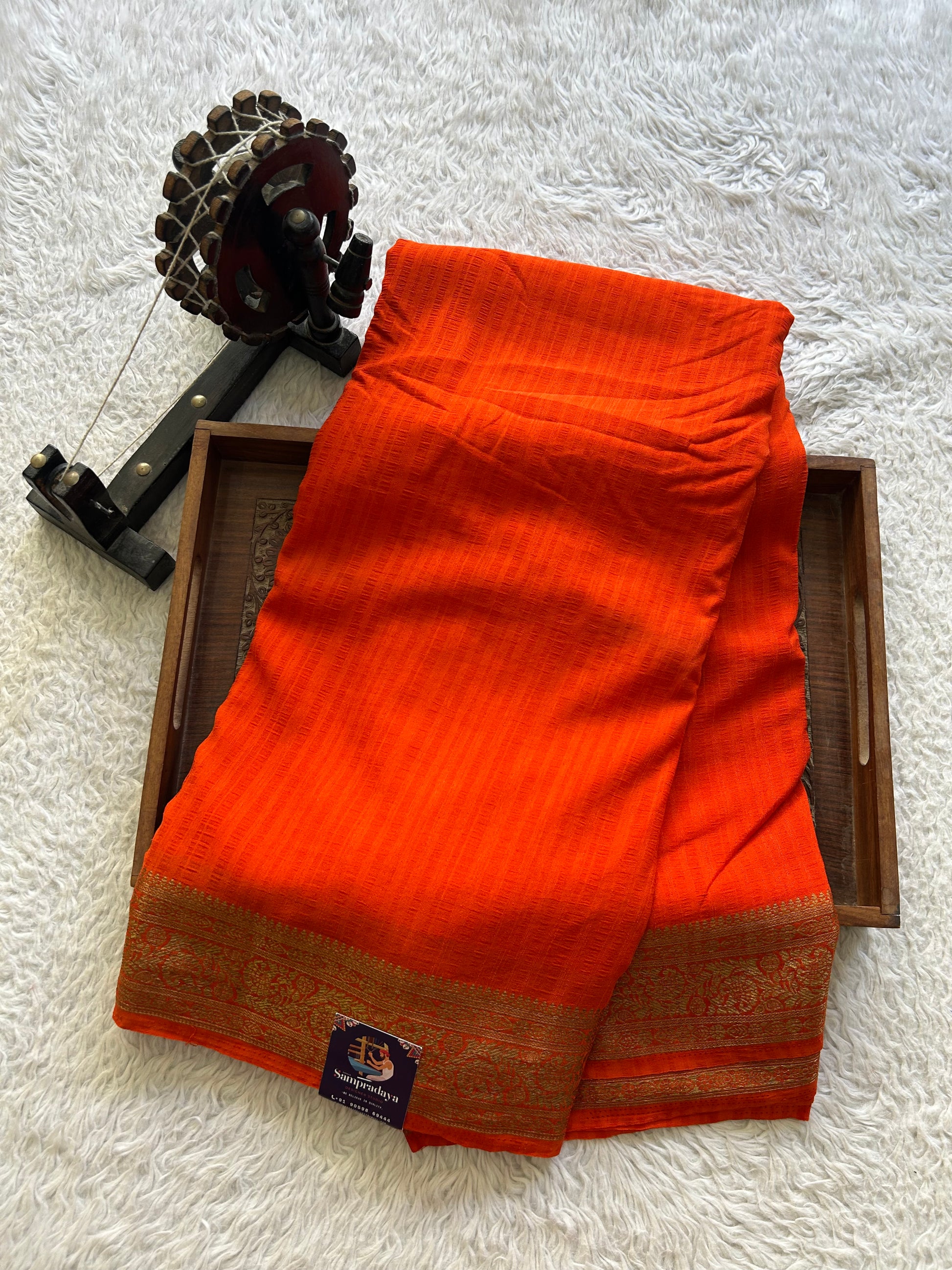 Orange Banarasi Semi Tussar Georgette Saree with Sliver Zari Border — Lightweight Festive Wear - Sampradaya Designer Studio