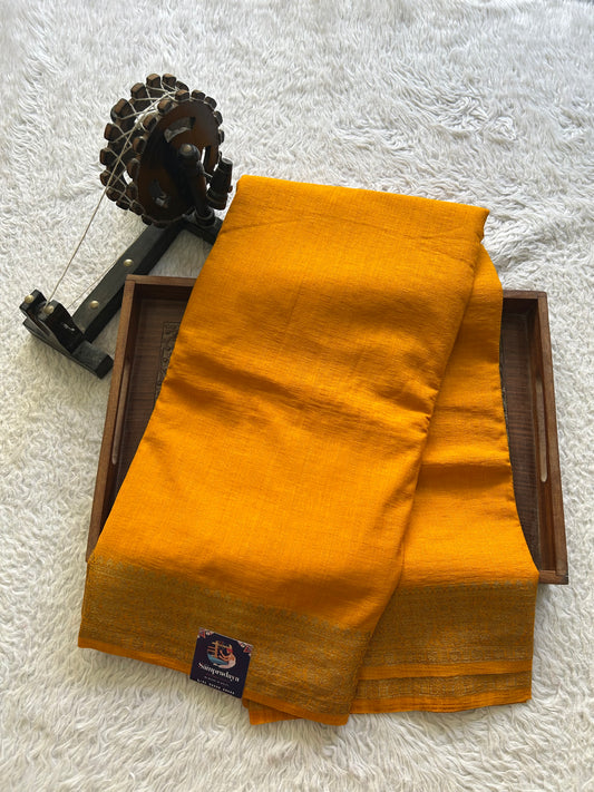Yellow Banarasi Semi Tussar Georgette Saree with Sliver Zari Border — Lightweight Festive Wear