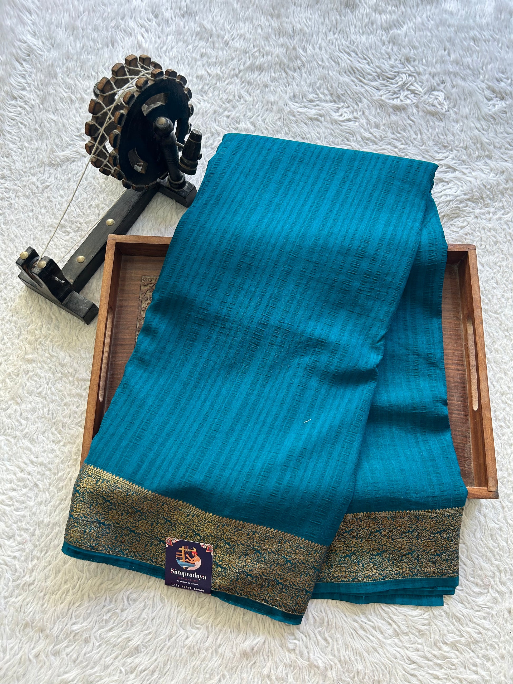 Peacock Blue Banarasi Semi Tussar Georgette Saree with Sliver Zari Border — Lightweight Festive Wear - Sampradaya Designer Studio