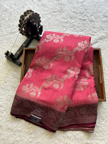 Pink Banarasi Semi Tussar Georgette Saree with Sliver Zari Border — Lightweight Festive Wear - Sampradaya Designer Studio
