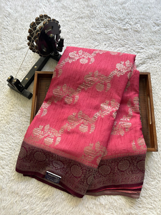 Pink Banarasi Semi Tussar Georgette Saree with Sliver Zari Border — Lightweight Festive Wear