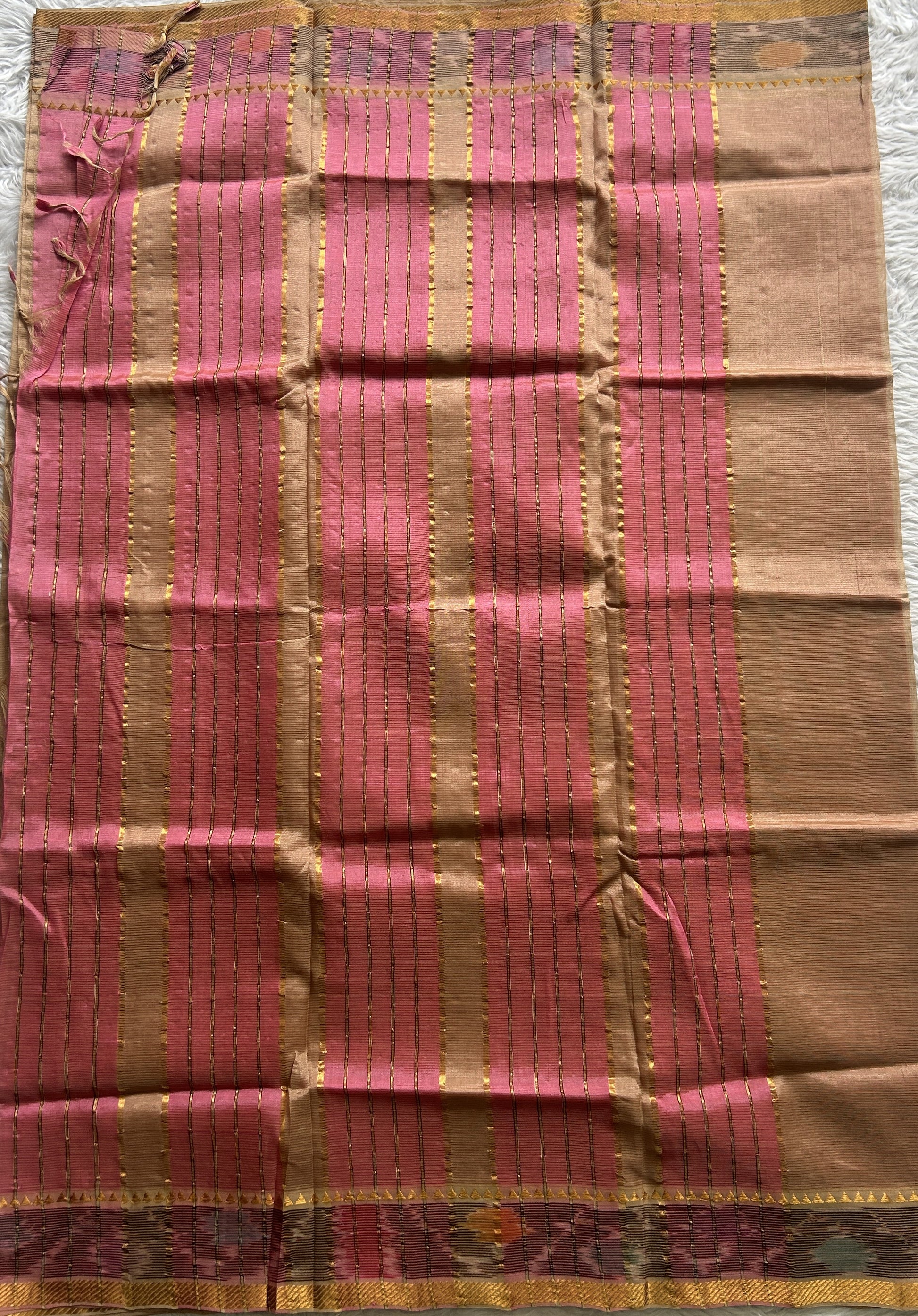 Mangalagiri Plain Pattu Saree Beige colored complemented with a Ikkat Border. - Sampradaya Designer Studio