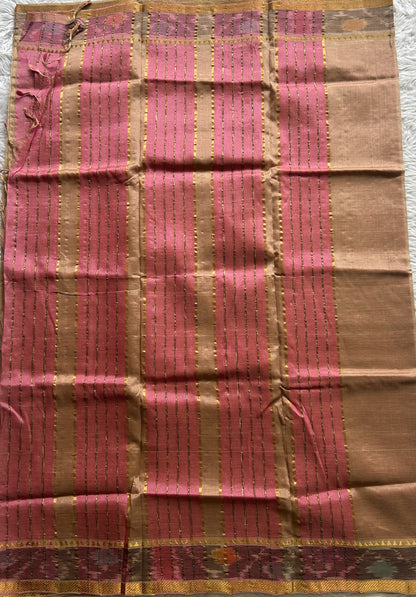 Mangalagiri Plain Pattu Saree Beige colored complemented with a Ikkat Border. - Sampradaya Designer Studio