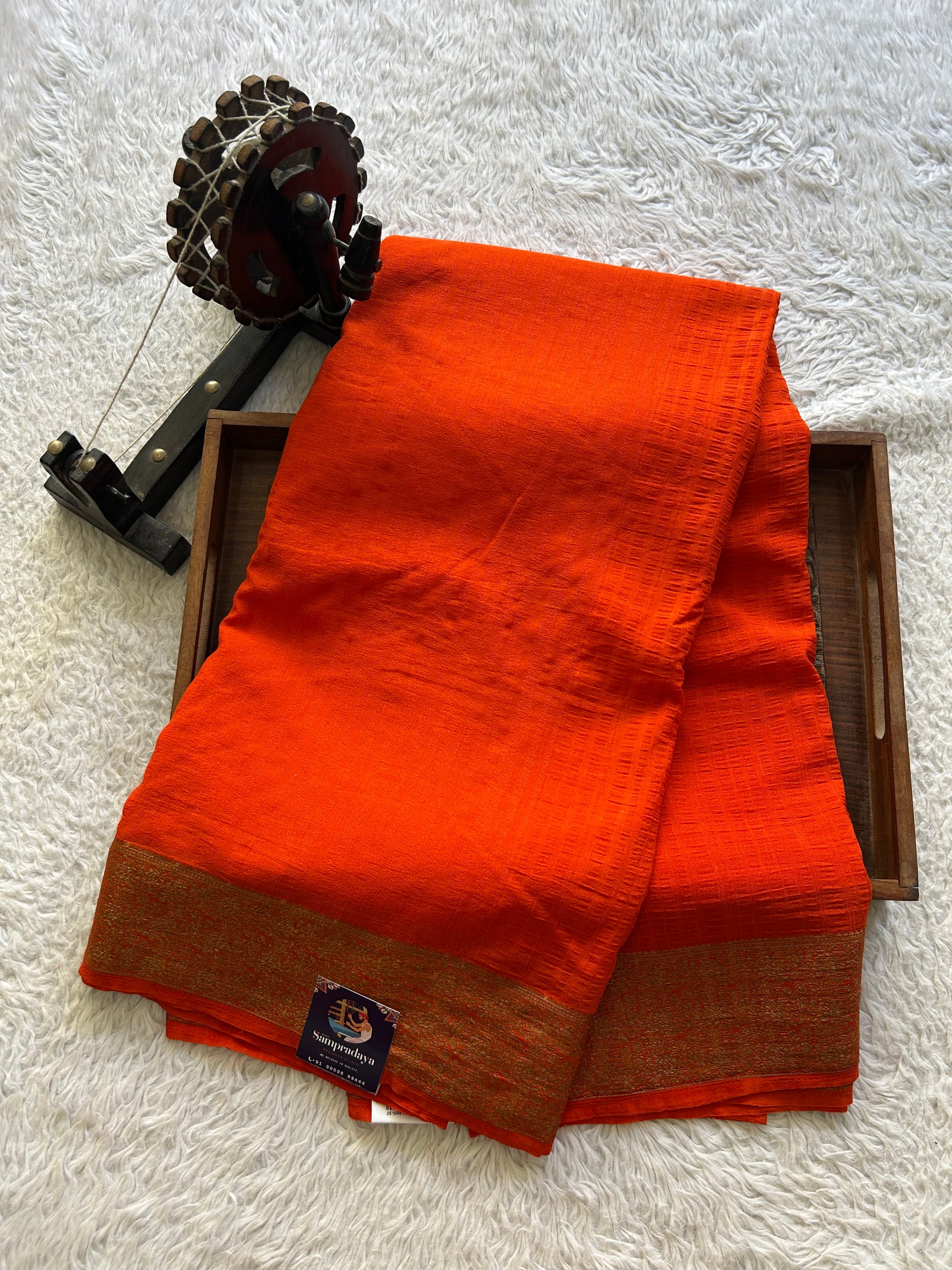Orange Banarasi Semi Tussar Georgette Saree with Sliver Zari Border — Lightweight Festive Wear - Sampradaya Designer Studio