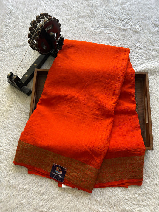 Orange Banarasi Semi Tussar Georgette Saree with Sliver Zari Border — Lightweight Festive Wear