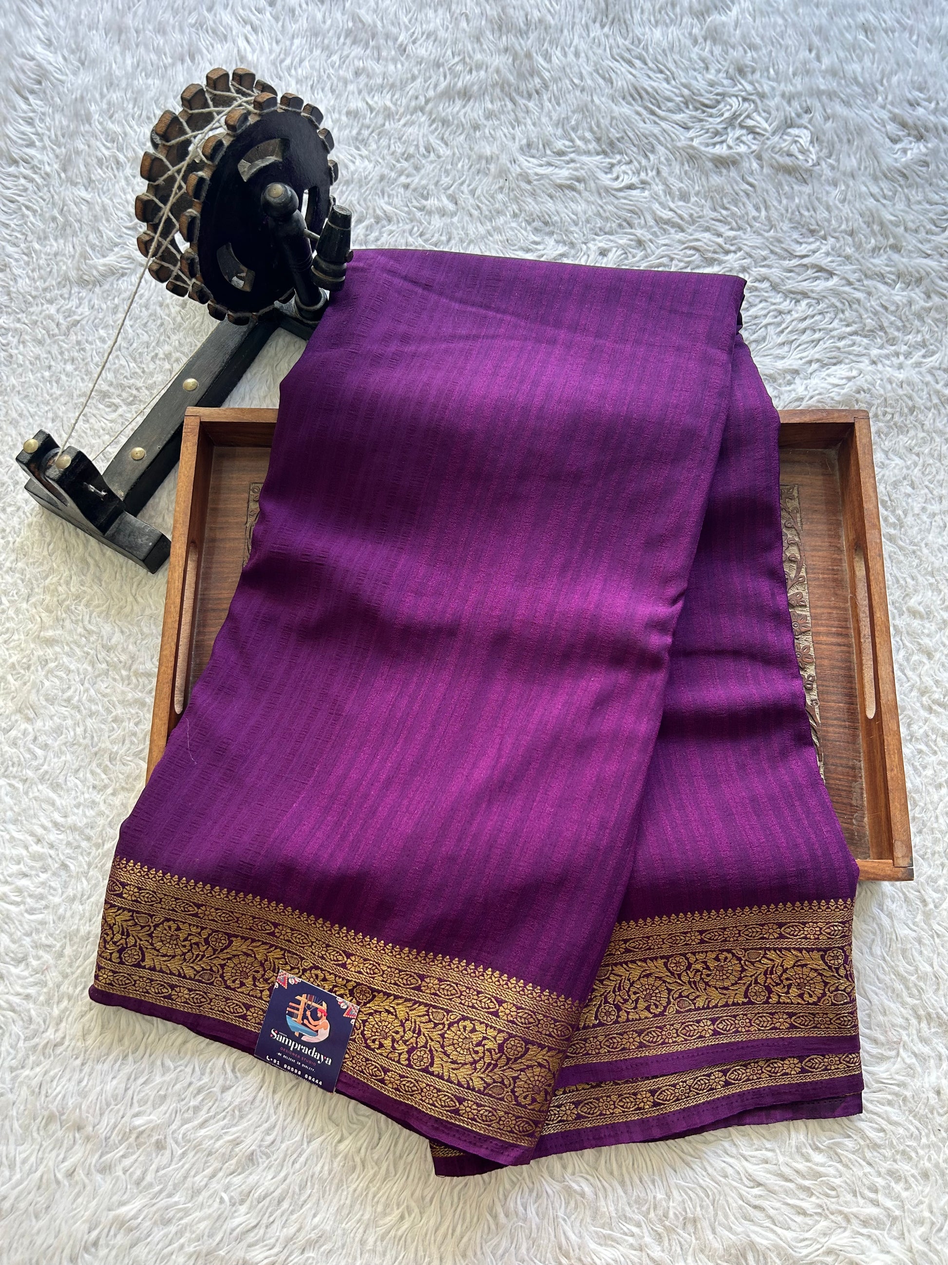 Purple Banarasi Semi Tussar Georgette Saree with Sliver Zari Border — Lightweight Festive Wear - Sampradaya Designer Studio