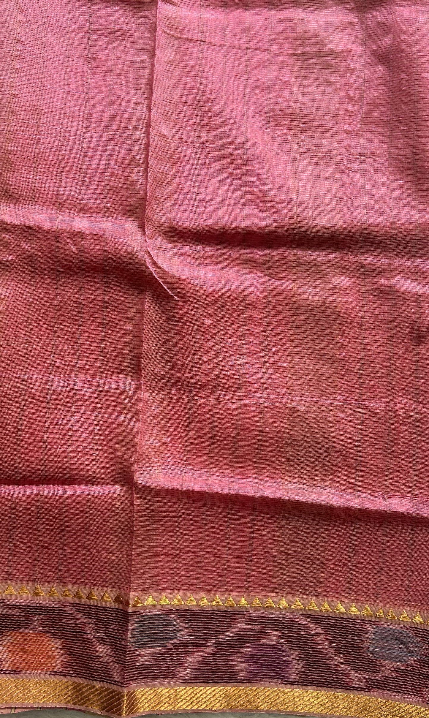 Mangalagiri Plain Pattu Saree Beige colored complemented with a Ikkat Border. - Sampradaya Designer Studio