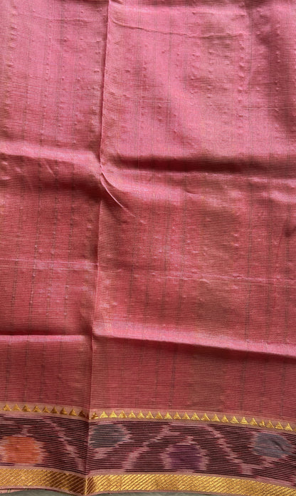 Mangalagiri Plain Pattu Saree Beige colored complemented with a Ikkat Border. - Sampradaya Designer Studio