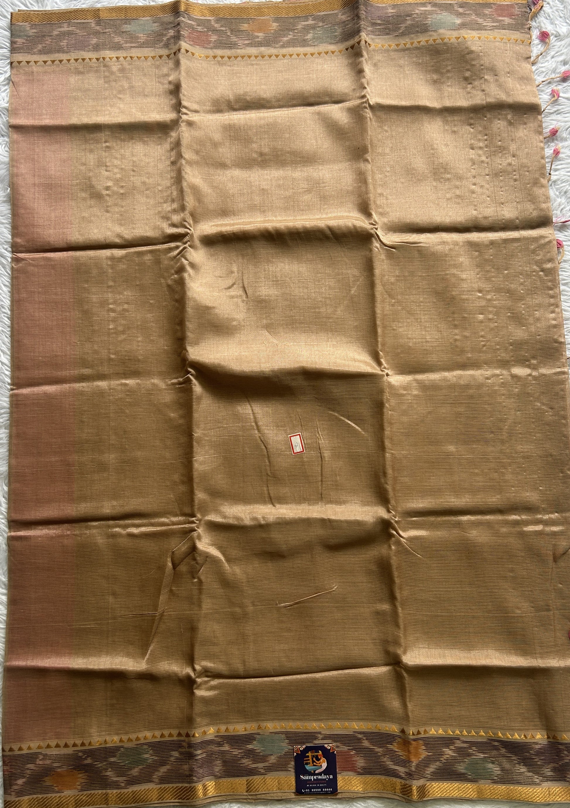 Mangalagiri Plain Pattu Saree Beige colored complemented with a Ikkat Border. - Sampradaya Designer Studio