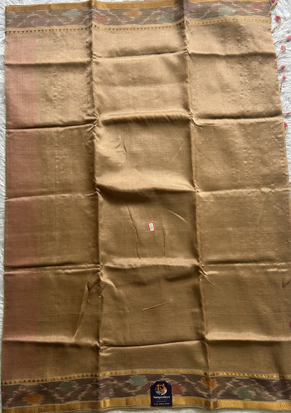 Mangalagiri Plain Pattu Saree Beige colored complemented with a Ikkat Border. - Sampradaya Designer Studio