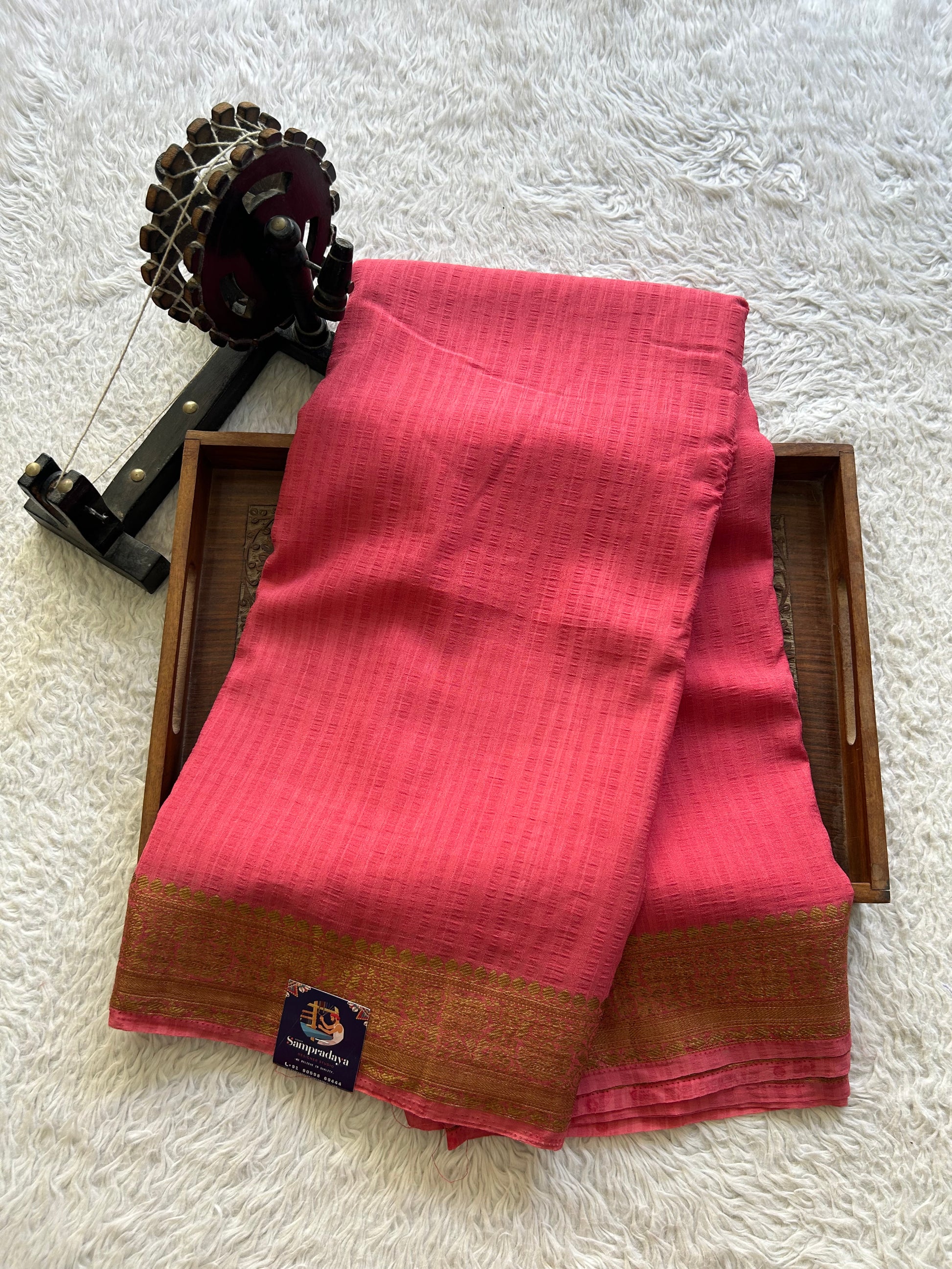 Pink Banarasi Semi Tussar Georgette Saree with Sliver Zari Border — Lightweight Festive Wear - Sampradaya Designer Studio