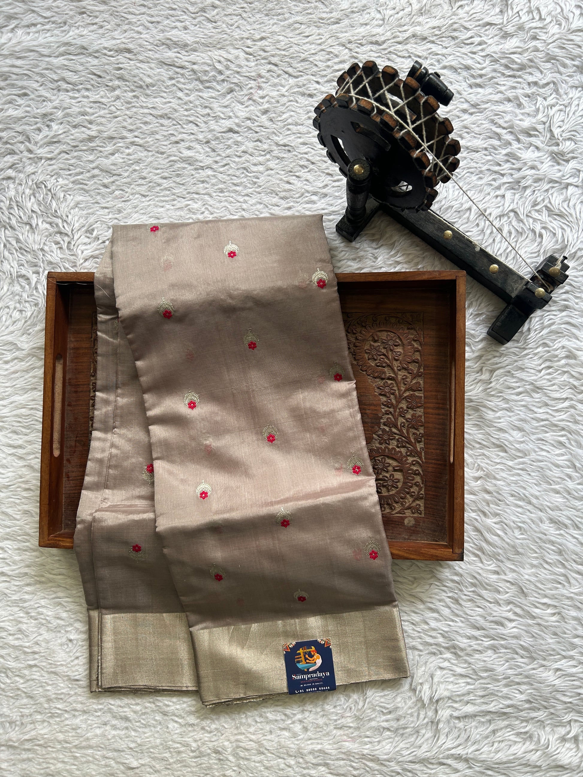 Chanderi Silk Saree Grey color Elegantly Paired with a Silver Zari border - Sampradaya Designer Studio