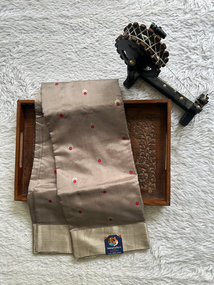 Chanderi Silk Saree Grey color Elegantly Paired with a Silver Zari border - Sampradaya Designer Studio