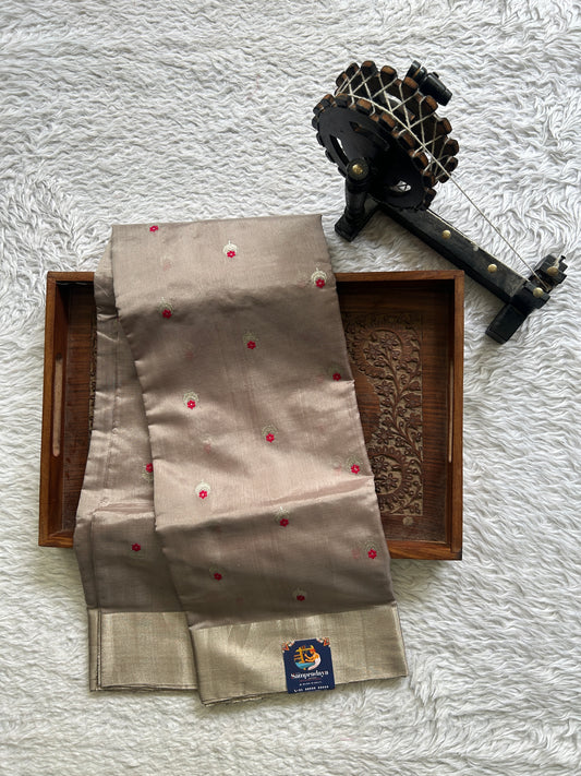 Chanderi Silk Saree Grey color Elegantly Paired with a Silver Zari border - Sampradaya Designer Studio