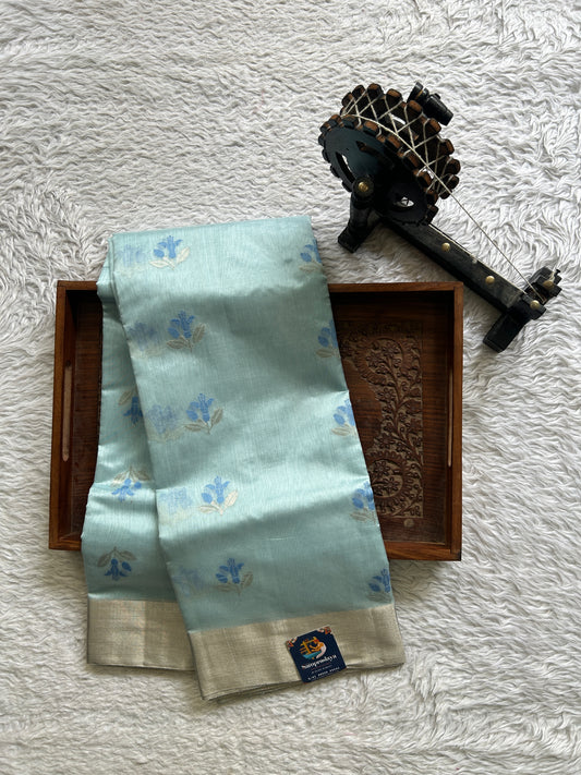 Chanderi Silk Saree Ice Blue colored Elegantly Paired with a Gold Zari border - Sampradaya Designer Studio