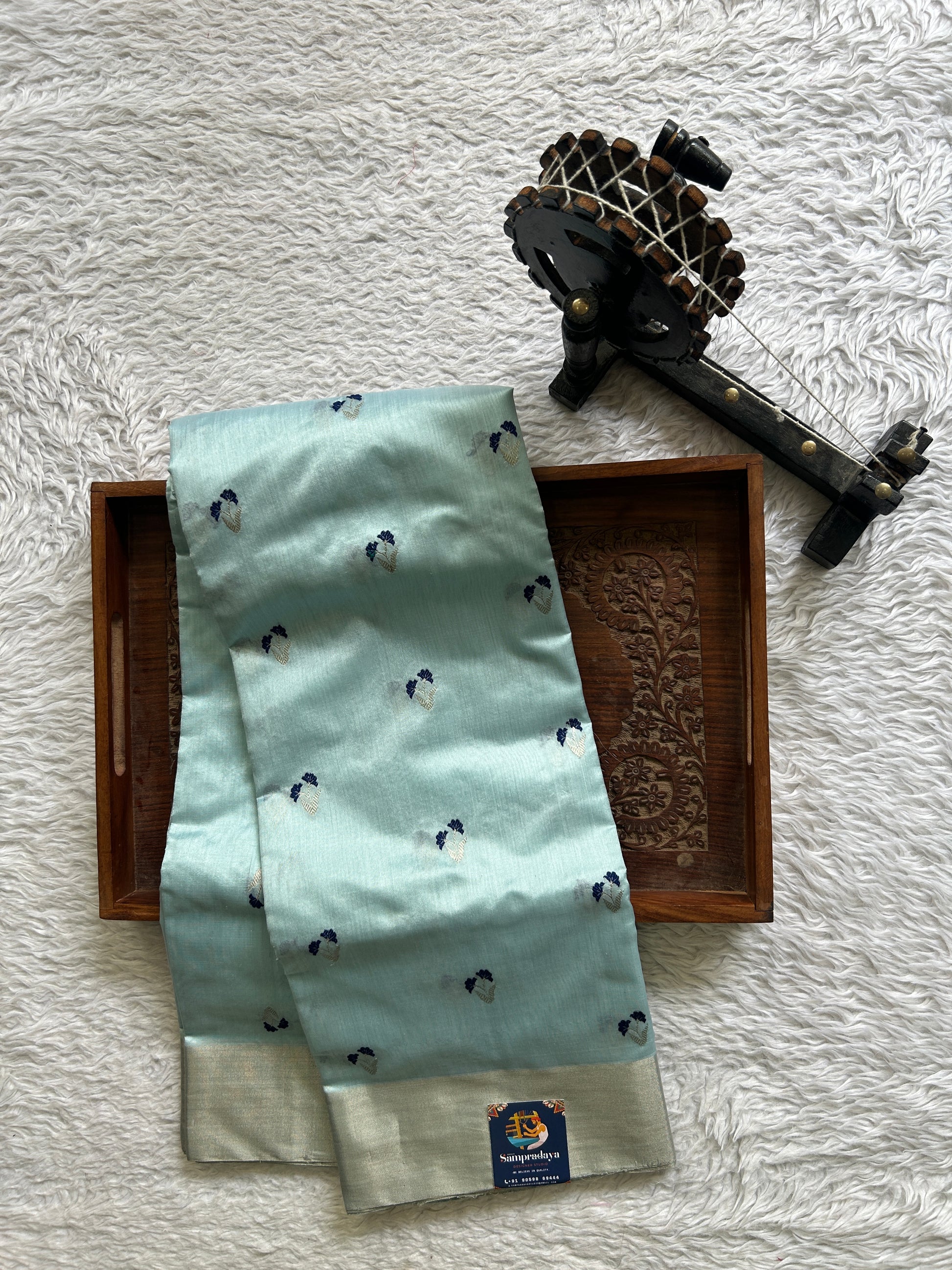 Chanderi Silk Saree Sky Blue color Elegantly Paired with a Gold Zari border - Sampradaya Designer Studio