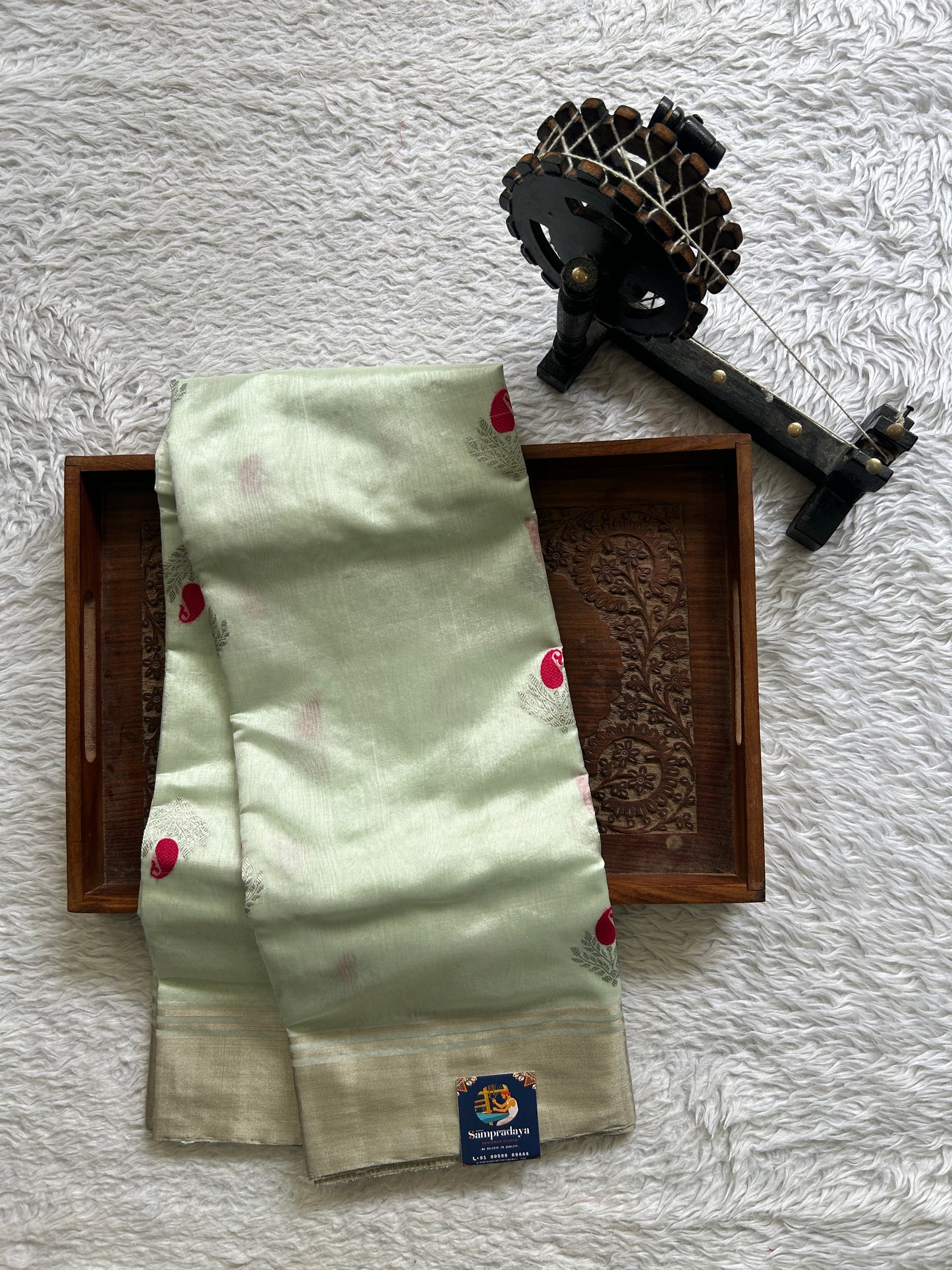 Chanderi Silk Saree Pastel Green color Elegantly Paired with a Gold Zari border - Sampradaya Designer Studio