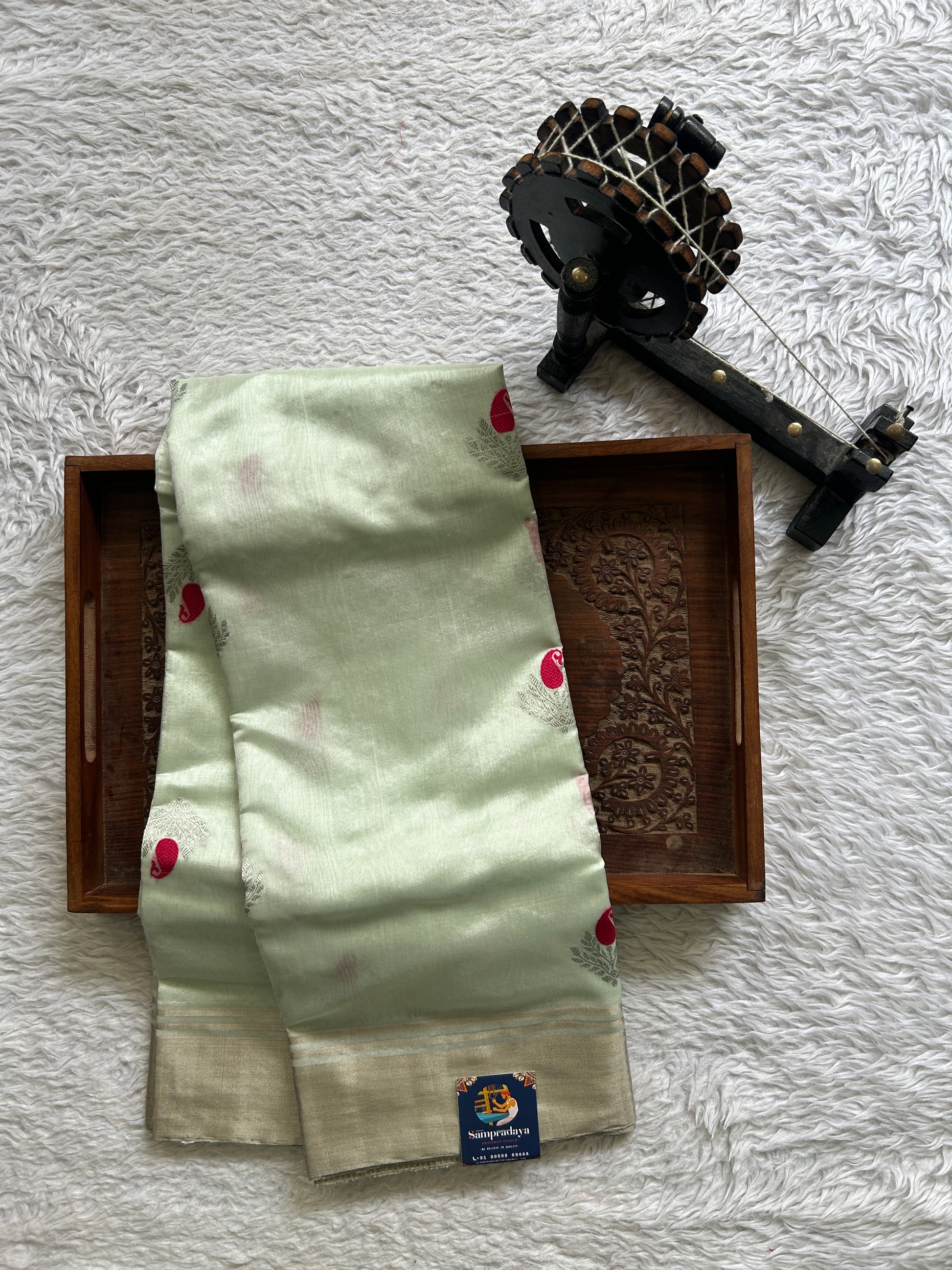 Chanderi Silk Saree Pastel Green color Elegantly Paired with a Gold Zari border - Sampradaya Designer Studio