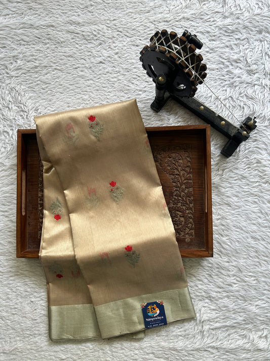 Chanderi Silk Saree Beige color Elegantly Paired with a Gold Zari border - Sampradaya Designer Studio