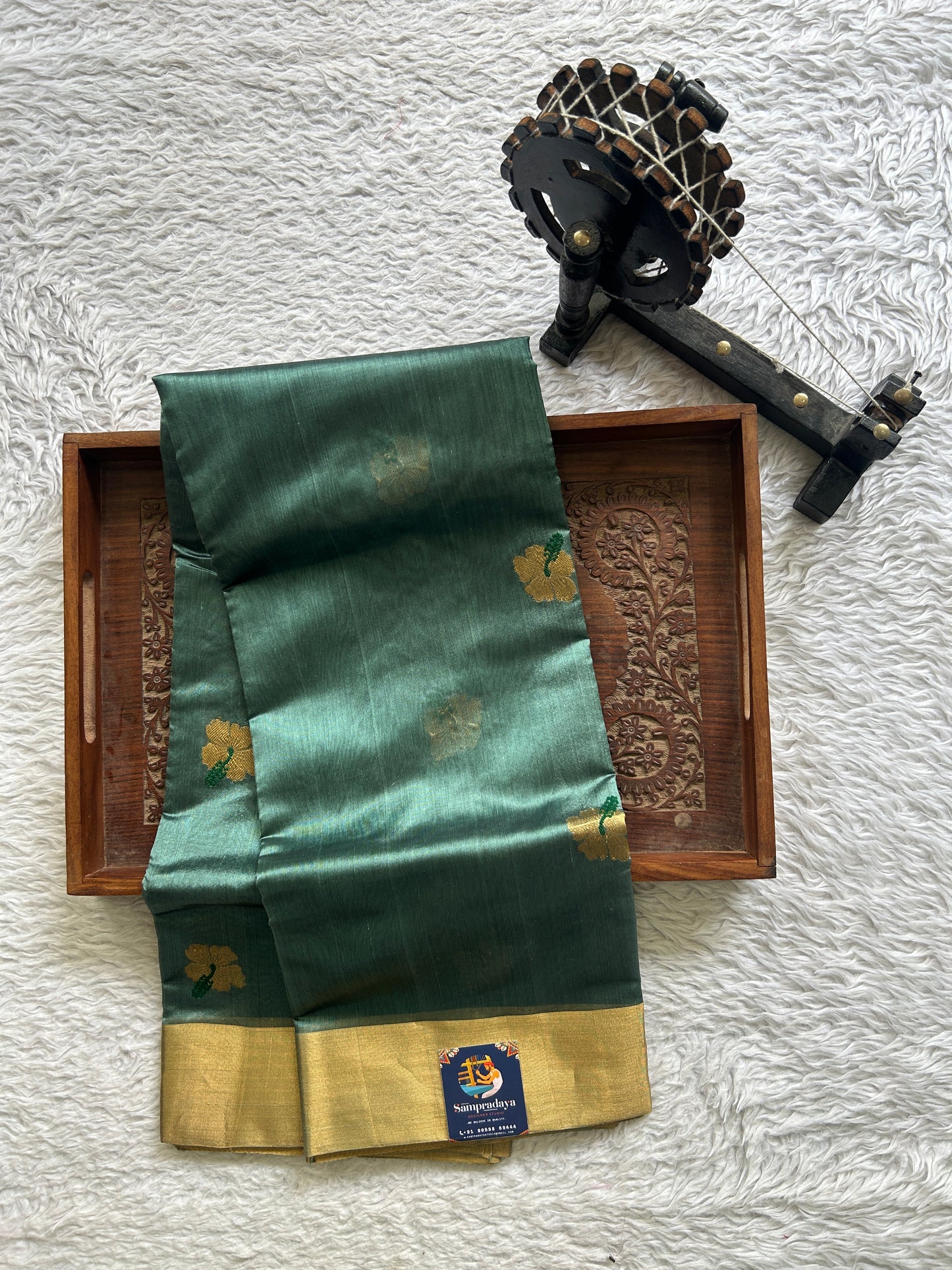 Chanderi Silk Saree Greyish Green color Elegantly Paired with a Gold Zari border - Sampradaya Designer Studio