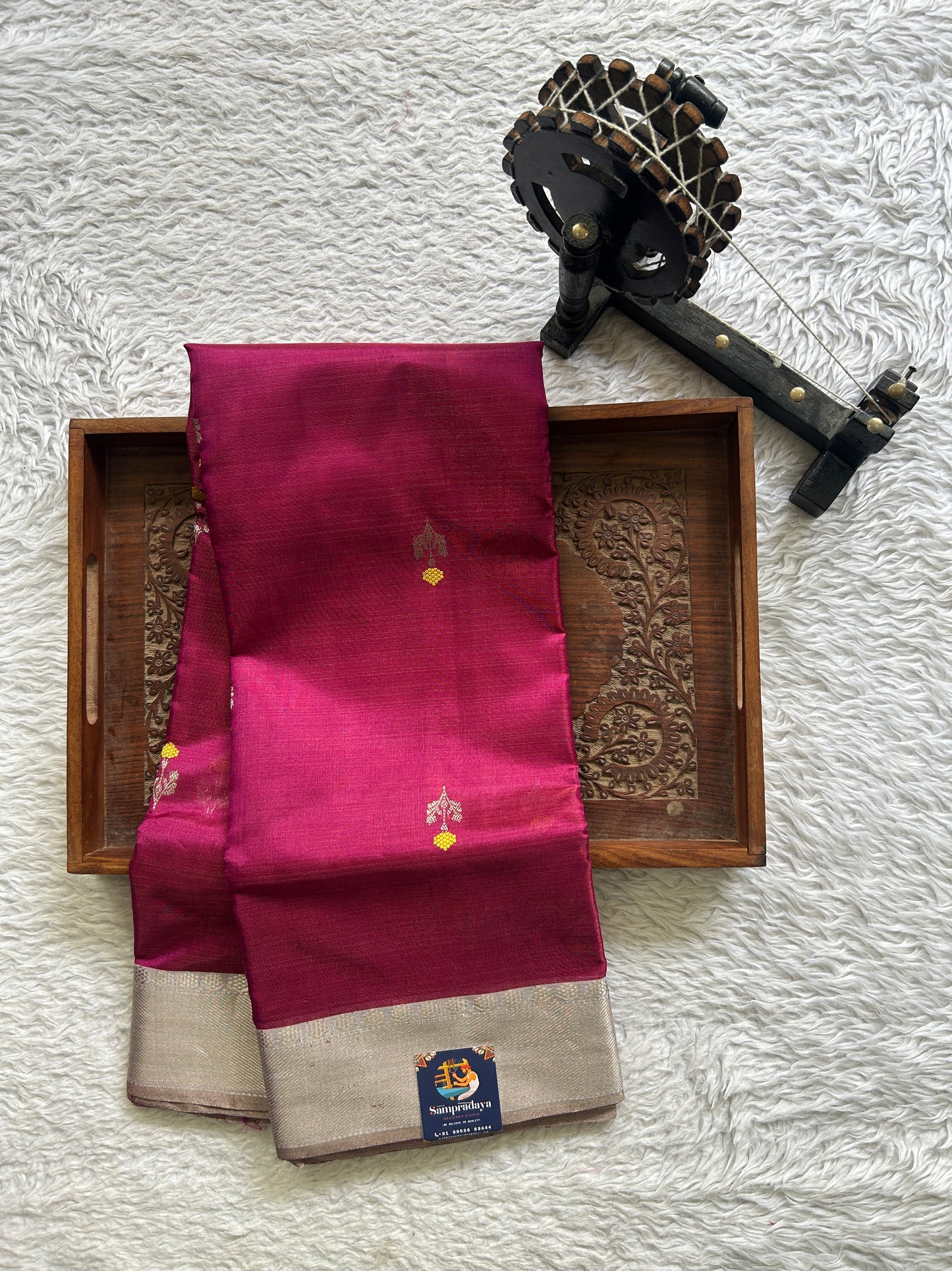 Chanderi Silk Saree Dark Pink color Elegantly Paired with a Silver Zari border - Sampradaya Designer Studio