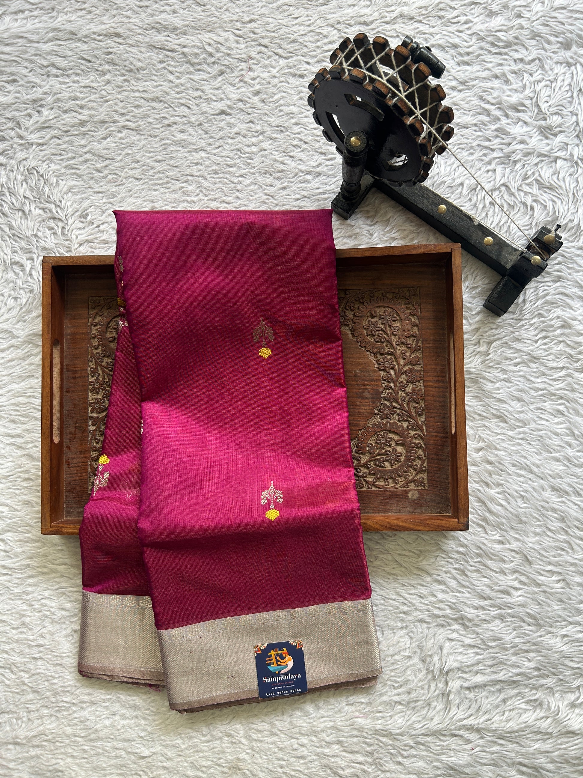 Chanderi Silk Saree Dark Pink color Elegantly Paired with a Silver Zari border - Sampradaya Designer Studio