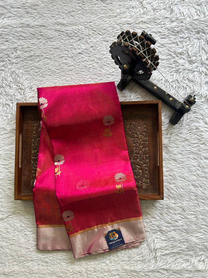 Chanderi Silk Saree Hot Pink color Elegantly Paired with a Silver Zari border - Sampradaya Designer Studio