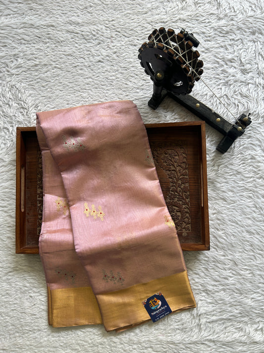 Chanderi Silk Saree Blush Pink color Elegantly Paired with a Gold Zari border - Sampradaya Designer Studio