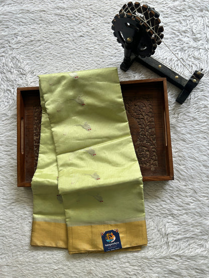 Chanderi Silk Saree Neon Green color Elegantly Paired with a Gold Zari border - Sampradaya Designer Studio