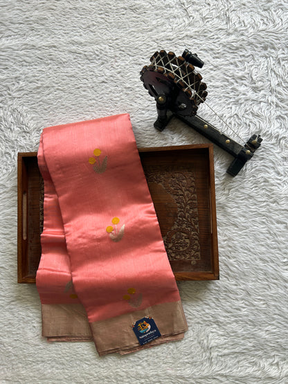 Chanderi Silk Saree Peach color Elegantly Paired with a Silver Zari border - Sampradaya Designer Studio