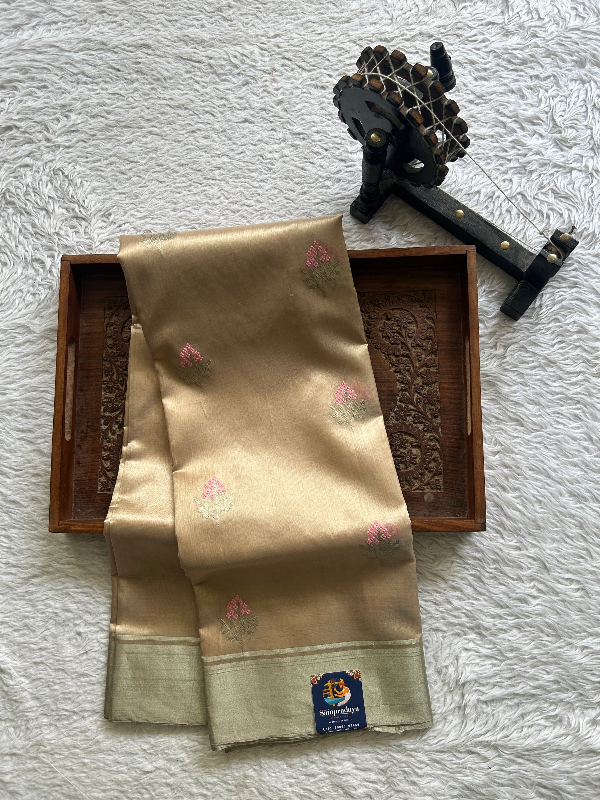 Chanderi Silk Saree Wheat color Elegantly Paired with a Silver Zari border - Sampradaya Designer Studio